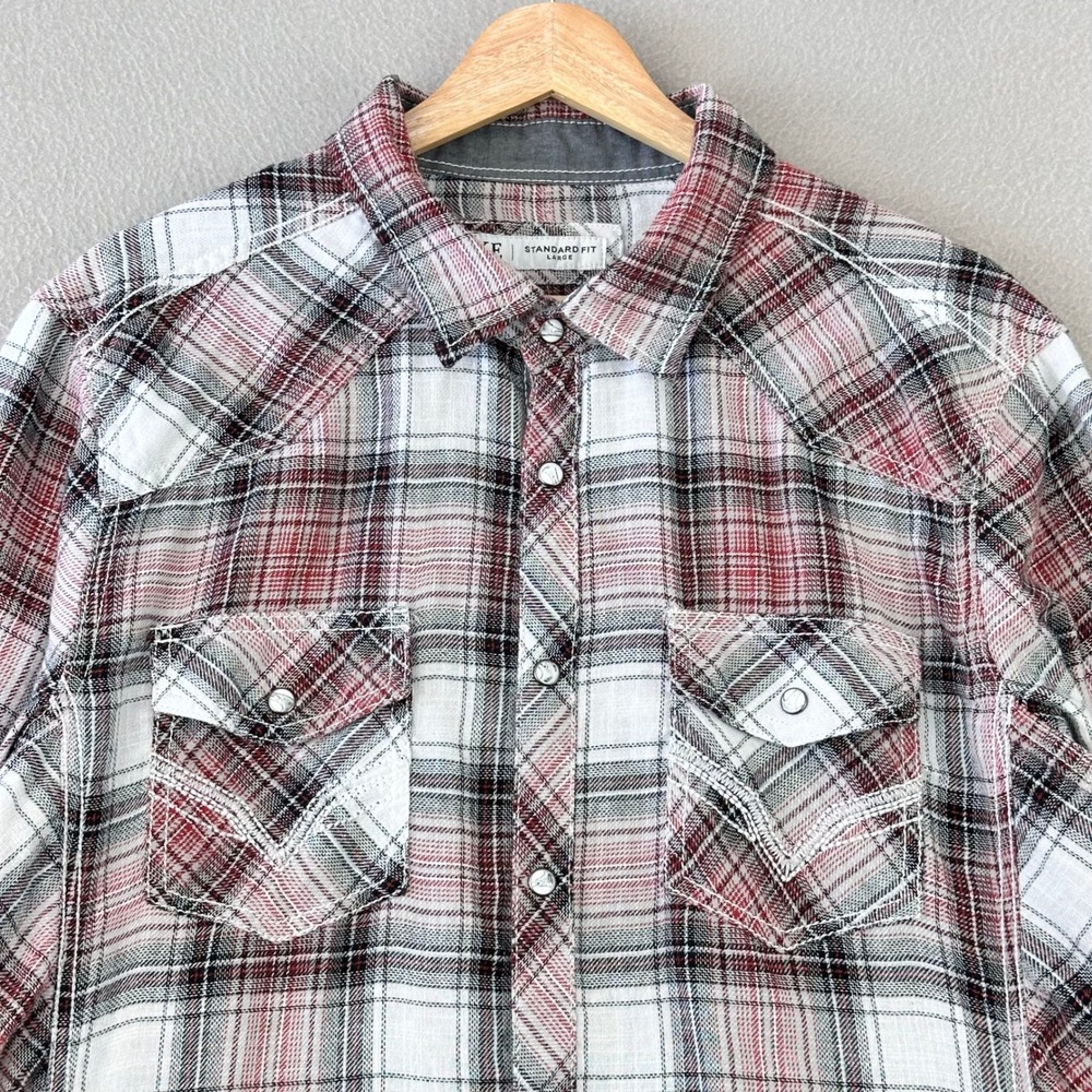 BKE Western Pearl Snap Shirt Mens Large Red Plaid Long Sleeve Cotton Rodeo Retro